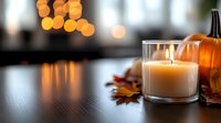 Cozy autumn home decor with glowing candle, orange pumpkin and fall leaves on wooden table creating warm seasonal atmosphere for holiday celebrations.