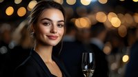 Young businesswoman in black blazer holding champagne glass with warm bokeh lights in background, elegant evening celebration atmosphere.