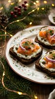 Festive salmon canapes with cream cheese and dill on dark bread served on elegant plate with Christmas decorations and warm lights for holiday entertaining.