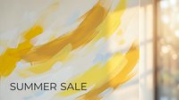 Summer sale promotion with yellow and white brush strokes on blurred window background. Suitable for retail marketing, seasonal advertising, and promotional banners.