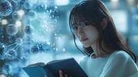 Young Asian woman reading book surrounded by glowing virus particles in blue atmospheric lighting, concept of education during pandemic and health awareness.