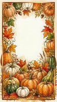 Autumn harvest frame with pumpkins, gourds, maple leaves, and decorative vines on cream background. Isolated design element ready for fall greeting cards, invitations, posters, and seasonal marketing materials.
