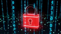Red digital padlock with glowing keyhole surrounded by binary code matrix for cybersecurity data protection and network security concepts.