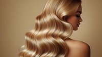 Elegant blonde woman with luxurious wavy hair styled in Hollywood waves against neutral beige background, profile view showcasing hair salon styling results.