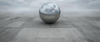 Reflective metallic sphere on concrete surface with systemic pressure text, depicting abstract concept of force and tension in minimalist industrial setting.