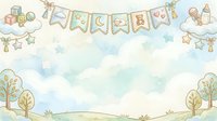 Nursery banner with bunting flags, hanging stars, and toys on watercolor sky background for baby shower decorations and newborn designs.