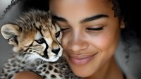Young African woman with curly hair smiling while holding adorable cheetah cub close to her face, showcasing tender bond between human and wild animal.