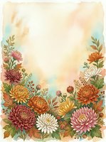 Watercolor autumn chrysanthemum floral frame with warm orange pink blooms and foliage on textured paper background for wedding invitations and greeting cards.