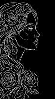 Elegant line art portrait of woman in profile with flowing hair adorned with roses on black background for modern design projects.