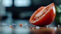 Fresh ripe tomato slice with water droplets on dark surface, macro photography showing juicy texture and vibrant red color in moody lighting.