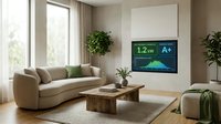 Modern living room interior with smart TV displaying energy efficiency data and green plants creating sustainable home environment for eco-conscious lifestyle.