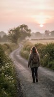 Woman with long hair wearing backpack walking on rural dirt road at sunrise through misty countryside landscape with trees and fields.
