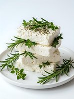 Fresh white cheese blocks stacked with aromatic herbs rosemary oregano and black pepper on white plate for gourmet cooking and Mediterranean cuisine recipes.