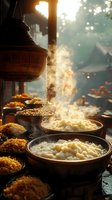 Traditional Asian kitchen scene with steaming rice bowls and spices being poured from hanging basket in warm golden light for culinary and cultural content.
