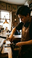 Young Asian male barista in leather apron tamping espresso at a rustic wooden coffee bar with warm vintage lighting.