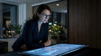 Caucasian woman with brown hair and glasses, wearing dark business attire, leaning over interactive digital display table with glowing blue data visualization in modern office environment at night.