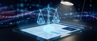 Digital justice scales hologram on tablet screen with gavel representing legal technology, law firm automation, and modern judicial system solutions.