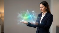 Woman in business attire holding glowing holographic triangle with digital data visualization, representing technology innovation and future business solutions.