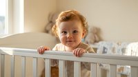 Adorable curly-haired toddler standing in white wooden crib, smiling at camera in bright nursery room with soft natural lighting for parenting content.