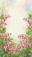 Watercolor floral frame with pink bleeding heart flowers and green leaves on soft pastel background with copy space for text.