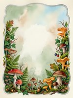 Watercolor forest frame with mushrooms, ferns, acorns and berries, vintage botanical border with copy space for text or design.