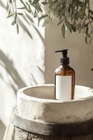 Amber glass pump bottle with blank label on concrete pedestal, soft natural shadows from olive branches above, minimalist spa bathroom styling.