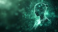 Glowing turquoise silhouette of person emerging from dark background with magical sparkles and particles, representing artificial intelligence and digital transformation.