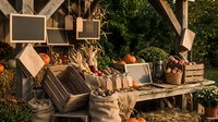 Rustic autumn harvest display with pumpkins, gourds and wooden crates arranged on farm stand for seasonal decoration and agricultural market setup.