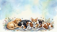 Adorable puppies of different breeds sitting together on blanket with watercolor floral border, cute dog illustration for pet lovers and animal themed designs.