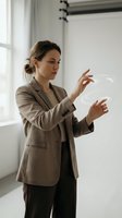 Professional businesswoman in beige blazer interacting with holographic display in modern office space for technology presentations and corporate meetings.