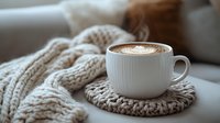 Steaming cappuccino in white cup on knitted coaster with cozy sweater in background creates warm autumn atmosphere. Perfect for lifestyle blogs and social media.
