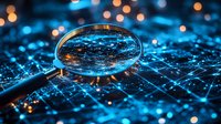 Magnifying glass revealing glowing network connections on dark background with bokeh lights, representing digital investigation and data analysis.