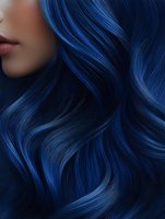 Close-up of flowing dark blue hair with soft waves and highlights showing texture and movement against dark background, partial view of feminine lips visible.