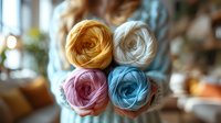 Colorful yarn balls arranged in rose-like spiral pattern, featuring pink, blue, yellow and white wool threads. Soft focus craft composition with natural lighting.