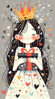 Smiling girl with long dark hair wearing crown and white dress holds gift box, surrounded by hearts, stars and floral elements on gray background. Childlike style.