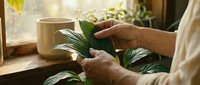 Senior woman caring for houseplant leaves in bright home interior with natural sunlight streaming through window creating peaceful gardening moment.