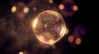 Golden crystal sphere with sparkling particles floating in cosmic space with colorful bokeh lights and magical glow effects for fantasy designs.