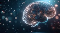 Digital visualization of glowing human brain with neural network connections and light particles against dark background, representing artificial intelligence.