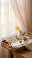 Mother's Day breakfast tray with tea cup, daffodil flower and greeting card on wooden table by window with soft morning light for celebration.