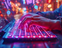 Hands typing on illuminated keyboard with vibrant neon lights and bokeh effects creating futuristic cyberpunk atmosphere for gaming and technology concepts.