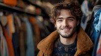 Young Caucasian man with curly brown hair and beard wearing cozy brown sherpa collar jacket and knit sweater smiling warmly at camera in clothing store.