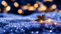 Delicate maple leaf resting on sparkling snow surface with golden bokeh lights creating magical winter atmosphere, macro photography for seasonal designs.