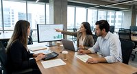 Professional business team analyzing financial data on monitor in modern office meeting room with city skyline view through windows.