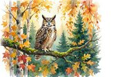 Great horned owl perched on autumn branch with colorful fall foliage in watercolor style for nature and wildlife themed designs.
