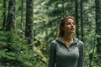 Young woman in athletic wear exploring dense forest, looking concerned while surrounded by tall trees and lush greenery. Perfect for adventure or survival themes.