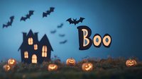 Spooky Halloween scene with glowing jack o lanterns in grass, flying bats silhouettes against blue night sky, haunted house with lit windows and decorative Boo text.