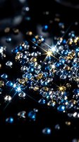 Scattered gemstones and crystals in blue, gold, and clear tones sparkle against a dark background with bright light reflections, suitable for luxury and jewelry design projects.