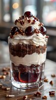Layered dessert with chocolate cake, whipped cream, fresh cherries and chopped pecans in glass. Sweet treat with dark red fruits and nuts, served as gourmet parfait.