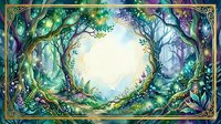Enchanted forest clearing with magical trees forming circular frame, mystical woodland scene with glowing lights and ornate golden border for fantasy designs.