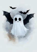 Spooky ghost with bat wings floating in misty gray atmosphere against light background. Watercolor style Halloween character with simple facial features and ethereal appearance.